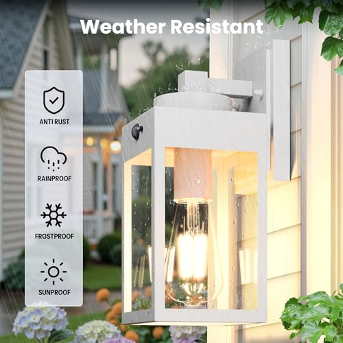Image of Gleamz 2-Pack Motion Sensor Outdoor Light Fixtures Wall Mount, Waterproof | Modern White Dusk to Dawn Exterior Wall Lantern for House Front Porch, Waterproof Outdoor Sconce Lights for Garage, Coach