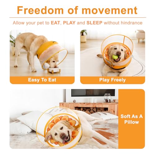 Image of Inflatable Dog Cone Collar with Enhanced Anti-Licking, Soft Neck Donut for Dogs Cats, Recovery Pet Cone Collar After Surgery for Large Medium Small Dogs (Yellow Flower, Medium+)