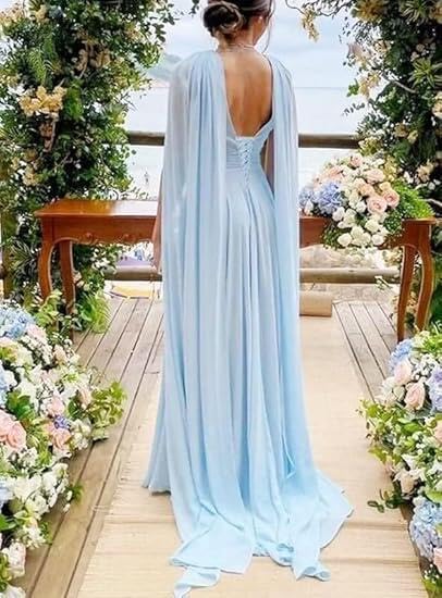 Chiffon Bridesmaid Dresses for Women Long Pleated Cape Sleeves V Neck Formal Evening Dress A Line Ball Gown CN013