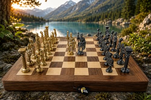 Image of Kid Antique Folding Wooden Chess Board with Brass Chess Roman Figures Set, 2 Players - Best for Gifting, Home Decor and Playing (Bleck & Yellow) Size 16 inchx16 inch Inch.