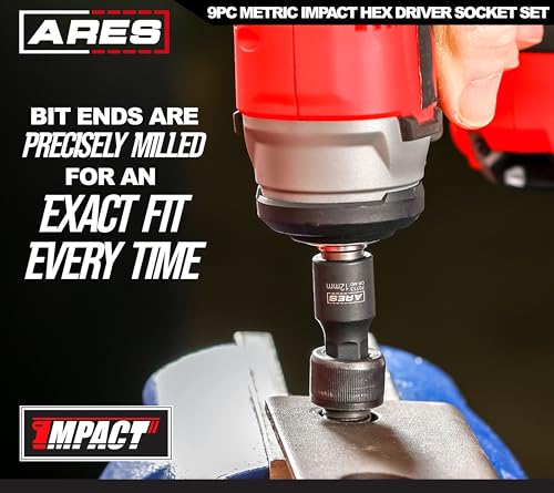 Image of ARES 70497 9-Pc Metric Impact Hex Socket Set, Chrome Moly, Rail