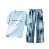 [OKUYOSHI] 子供服部屋着上下セット パジャマ キッズ 適応身長100-160cm 春夏半袖長ズボン 半袖Tシャツ 子供用パジャマ 快適 男の子 女の子（ブルー 160cm）