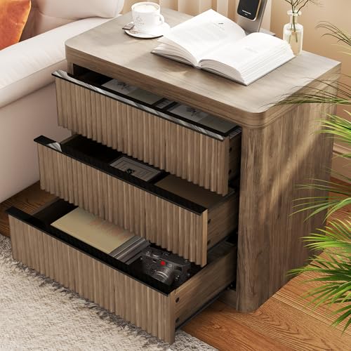 Image of FUSUNBAO Fluted Night Stand with Charging Station,3 Drawers Large End Table with Storage,Natural Nightstand Wood Bedside Tables,Farmhouse Cabinet Dresser for Bedroom,Sofa Table (1, Grey Alder)