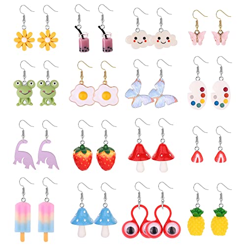 LOLIAS 16 Pares de Aretes Lindos Extraños Estéticos Aretes para Mujeres Niñas Kawaii Hongo Fresa Pez Flor Mariposa Colgante Aretes Estéticos a Granel