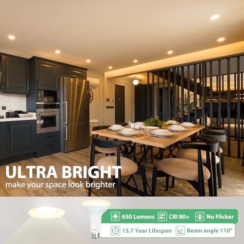 Image of DEGNJU 8 Pack BR30 LED Bulb, Dimmable Indoor Flood Lights 7W Equivalent 65W 2700K Soft White, CRI80, 650 LM, E26 Base, 15000 Lifetime Hours, Interior Energy Saving Recessed Light Bulb, Flicker-Free
