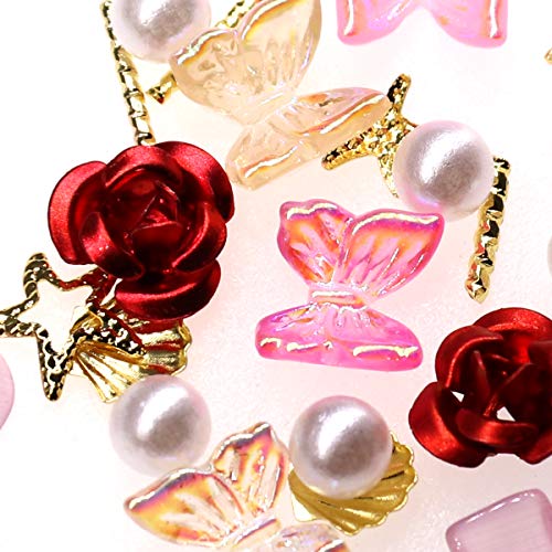 3D Nail Stud Butterfly Rose Nail Charms Aurora Colorful Nail Art Glitter With Rhinestone Artificial Pearl Nail Stickers For Women Girls Diy Craft Jewel Flower (Red) #TOP5