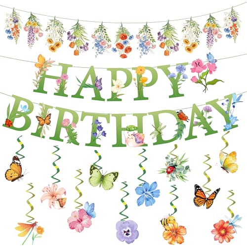 Spring Flower Birthday Decorations Wildflower Party Decorations include Happy Birthday Banner and Flower Themed Hanging Swirls Garden Birthday Decorations for Women Girl