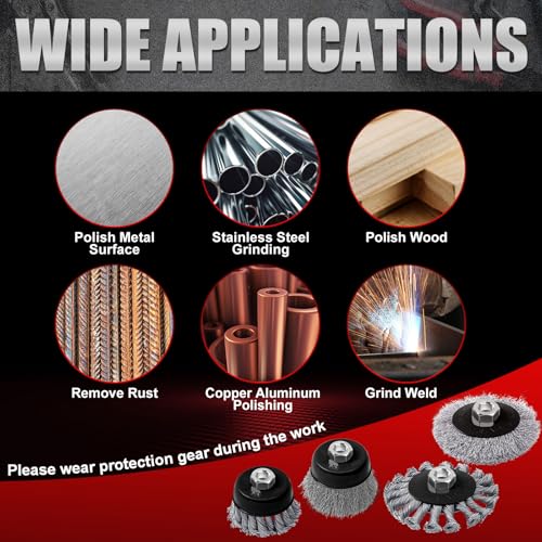 Image of Tioncy 12 Pack Wire Wheel for Angle Grinder, for 4-1 /2 inch Angle Grinder with 5 /8 inch-11 Arbor, Heavy Duty Carbon Brushes for Rust Removal Heavy Cleaning Polishing(Black,Wire Wheel Cup Brush Set)