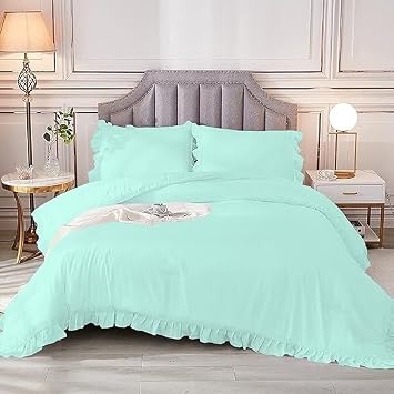 3 Pcs Edge Ruffled Duvet Cover Set Zipper Closer with Corner Ties,100% Egyptian Cotton Plush Comforter Cover 800 Thread Count 1 Duvet Cover & 2 Pillowshams Oversized King Plus Size, Aqua