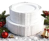 Joyido 102PCS White and Silver Plastic Plates - Heavyweight Silver Plate - Wedding Plate with Silver Rim - Fancy Dinner & Dessert Plates for 51 Guests Weddings & Parties & Christmas