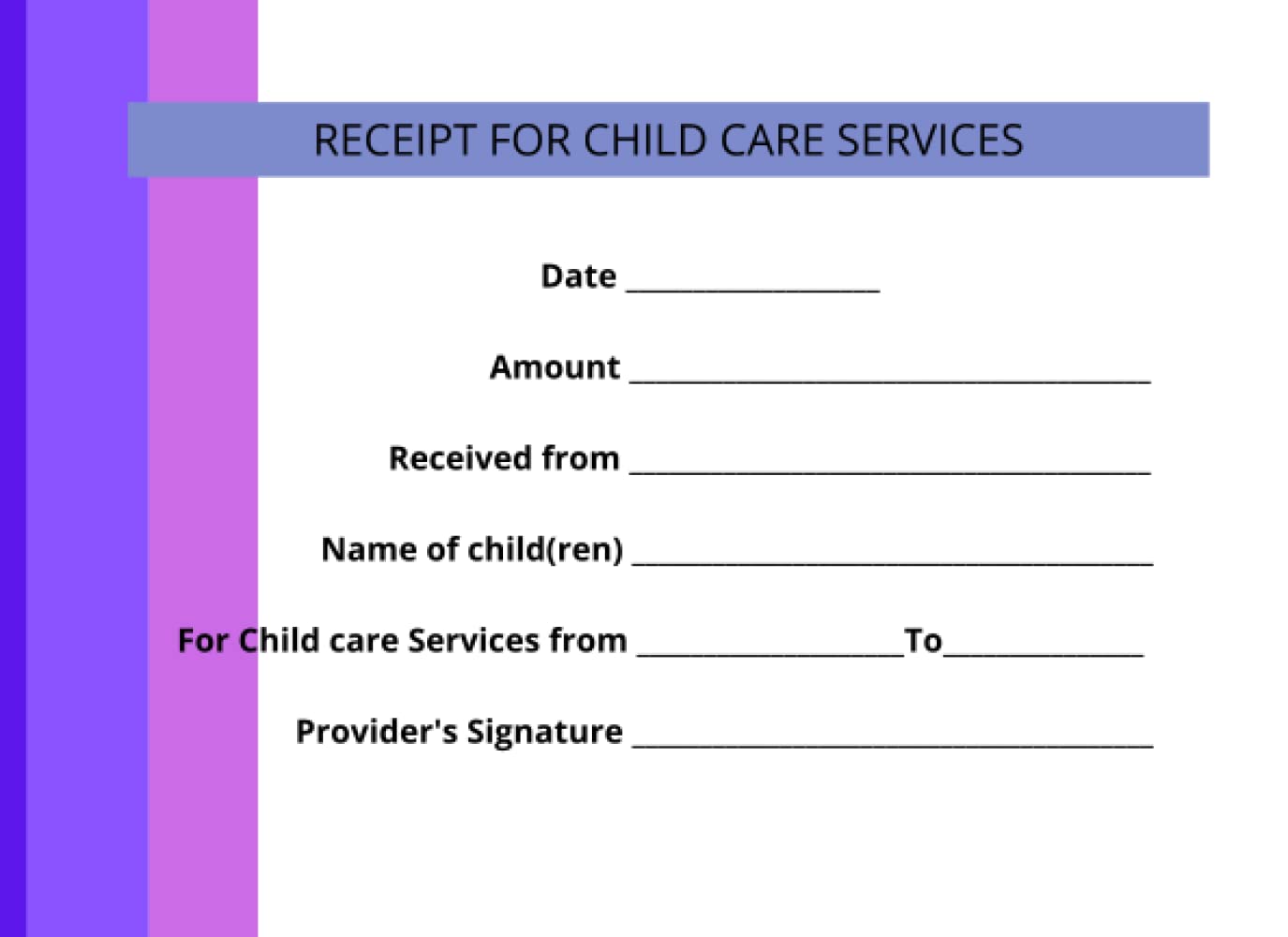 Receipt for Child Care Services: Daycare receipt, Child care receipt, with Duplicate.
