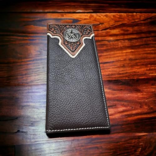 Urbalabs Mens Long Wallet Coffee Leather Soft Leather Tooled Checkbook Style Cowboy Hand Crafted High End Mens Wallets Leather Lone Star Rodeo Concho Gifts For Men, COWHRBLKHRS0012