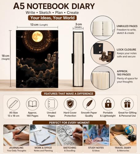 Image of Shine Moon Diary Notebook 7x5 Inch 160 Pages Unruled Journal for Notes