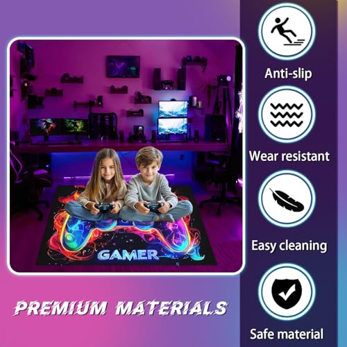 Boys Gamer Area Rug for Room - Purple Gaming Carpet Rug for Kids Boys Bedroom Video Games Carpet Gamepad Themed Rugs Kids Room Decor, 70 x 55 Inches