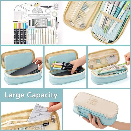 Image of Large Capacity Pencil Case Pouch, Cute Aesthetic Big Capacity Zipper Cases Pen Portable Office Stationery Makeup Bag, Desk Organizer for College Adults Women Men (Sky Blue)