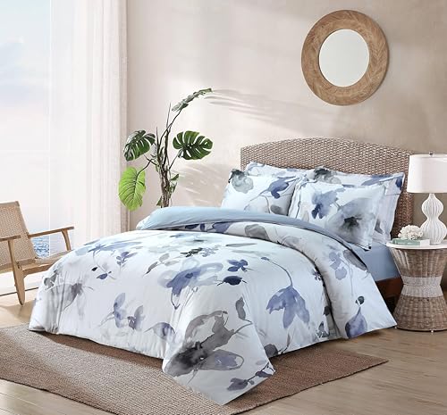 Majestic Giftware Madison Linen 8-Piece Full Size Duvet Bedding Set (BL105-F) | Summer Breeze - Ocean Blue 300 TC Cotton Sateen Durable & Washable | 2 Fitted Sheets, 2 Duvets, 4 Pillowcases