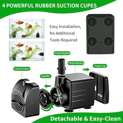 Image of 210GPH Submersible Water Pump, 15W Ultra Quiet Small Fountain Pump with LED Lights and 3.28 ft Tubing, 2 Nozzles for Small Pond, Water Feature, Fish Tank, Aquarium, Hydroponic, Statuary