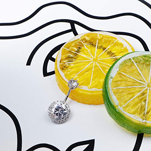 Sllaiss Cz Halo Belly Button Rings For Women 925 Sterling Silver 14G Belly Rings Round Cubic Zirconia Body Jewelry Curved Barbells Navel Rings 3/8" 10Mm #TOP4