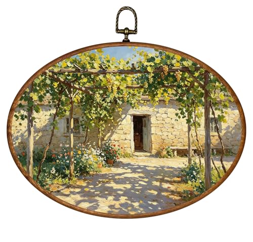 XiZoDinia Vintage Tuscan Vineyard Patio Wall Art - Retro Stone Cottage with Grapevine Pergola Print, Farmhouse Country Bathroom Art Decor, Warm Mediterranean Courtyard Wall Decor for Home Bedroom Living Room (Style 23)