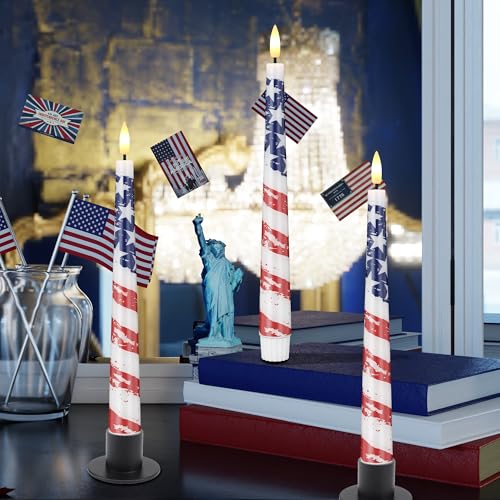 Image of Flameless Patriotic Candles, 9.6 inch Real Wax 4th of July Led Candles with Remote, 3 Pack Flickering Independence Day Flameless candlesticks for Table, Home, Party Decor