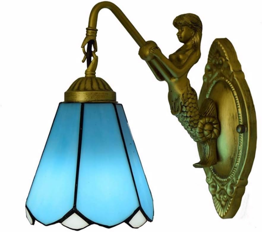 Tiffany Style Single Head Wall Sconce Lighting with Mediterranean Blue Stained Glass Shade Wall Sconce Lamp Fixture 6-Inch Bedside Wall Lights