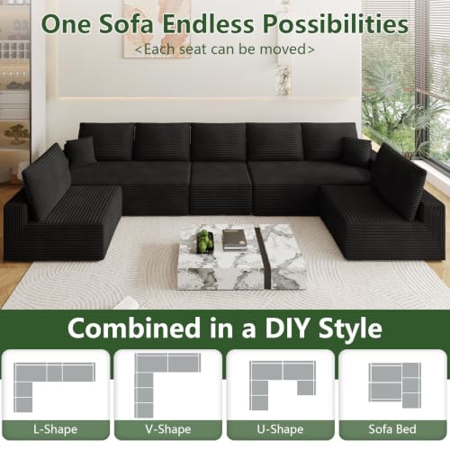 Image of Oversized Modular Sectional Sofa Couch, Large 7 Seater Corner Sofa Modern U Shaped Sectional Couch Cloud Couches for Living Room, Office, Spacious Space, Corduroy, No Assembly Required, Black