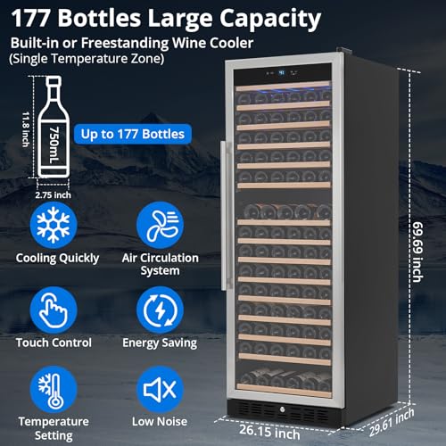 Image of 177 Bottle Wine and Beverage Refrigerator, Freestanding Compressor Wine Cooler Refrigerator with Digital Temperature Control and Single Glass Door, Quiet Operation and Elegant Design for The Wine Love