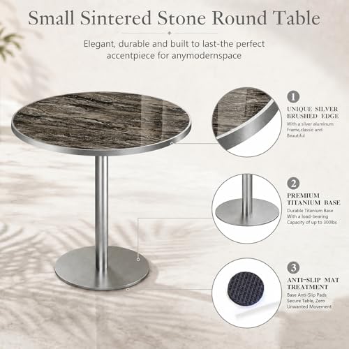 Image of 31.5 inchTulip Table, Sintered Stone Small Round Dining Tables&Metal Edge&Base | Small Modern Circle Dining Table for 2-4 Person ,Bistro Tables for Dining Room /Restaurants /Small Spaces /Starlight Gray