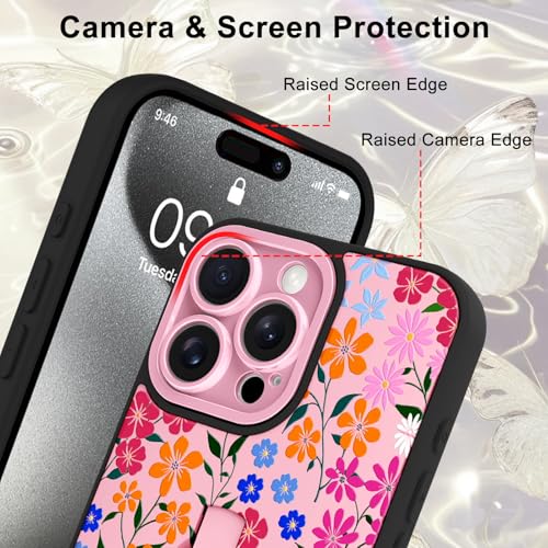 Image of for iPhone 15 Pro Max Case with Finger Strap Holder, Cute Colorful Floral Flower Print Pattern Design for Women Girls, Shockproof Anti Scratch Hand Kickstand Protective Cover, Pink