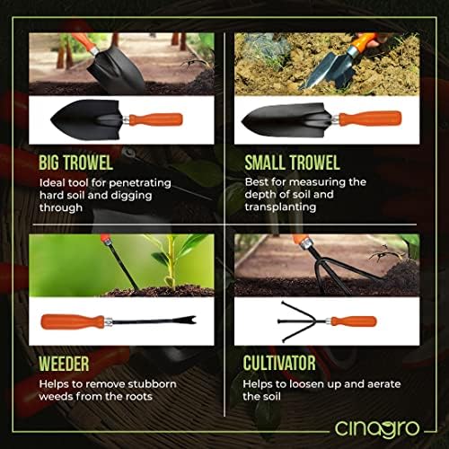 Image of Cinagro Garden Tools Kit Set of 6, Weeder, 2 Trowels, Hand Fork, Cultivator | Gardening Scissor, Farming Tools, Accessories For Home & Outdoor Gardening