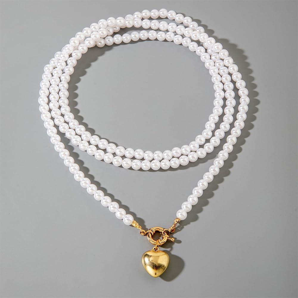 Long White Pearls Beaded Puffy Heart Pendant Necklace for Women Long Fake Baroque Pearl Beads Choker Necklaces Personalized Layering Statement Jewelry - Image 6