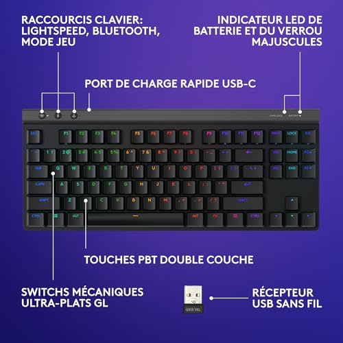 Logitech G515 Lightspeed TKL profilé Clavier Gaming sans Fil, LIGHTSYNC RVB, Profil Ultra-Plat sans pavé numérique, Touches en PBT, Contacts mécaniques tactiles, Clavier Français AZERTY - Noir