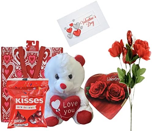 Valentines Day Gift Basket Set | 9 Inch (White Or Red) Teddy Bear Plush Hershey's Kisses Milk Chocolate | Elmer Heart Shaped Chocolate | Artificial Glitter Heart Shaped Rose Flower | V-Day Gift Bag & Valentine Gift Card Included!!