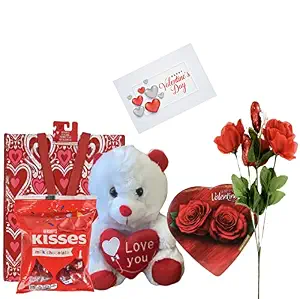 Valentine's Day Gift Basket Set with Teddy Bear, Chocolates, and Rose Flower