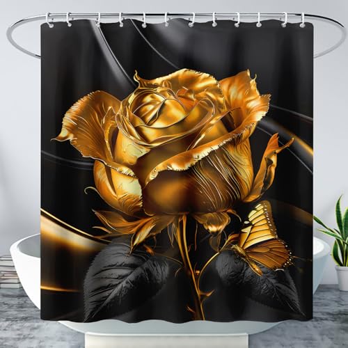 AILONEN Golden Rose Shower Curtain Set,Rose Flower Butterfly Print Bath Curtains for Kids Adults,Beautiful Flower Waterproof Shower Curtain with Hooks Bathroom Decor,72