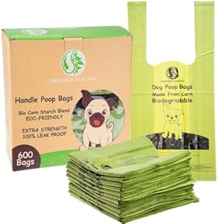GREENER WALKER Tie Handles Poo Bags for Dog Waste, 600 Pet Poop Bags, 100% Leak-proof Thick and Strong Biodegradable (Green)