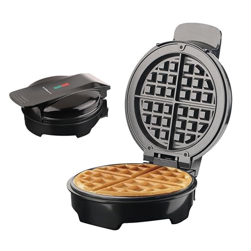 Anti-Overflow Belgian Waffle Maker, 8'' Round Iron with Nonstick Plates & Cool Touch Handle, Black