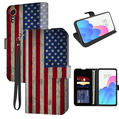 FUYOCWE for Samsung Xcover 7 Case Wallet for Samsung Galaxy Xcover 7 SM-G556 Phone Case with Card Holder,PU Leather Kickstand Flip Cover w/RFID Blocking Magnetic Snap-Retro American Flag