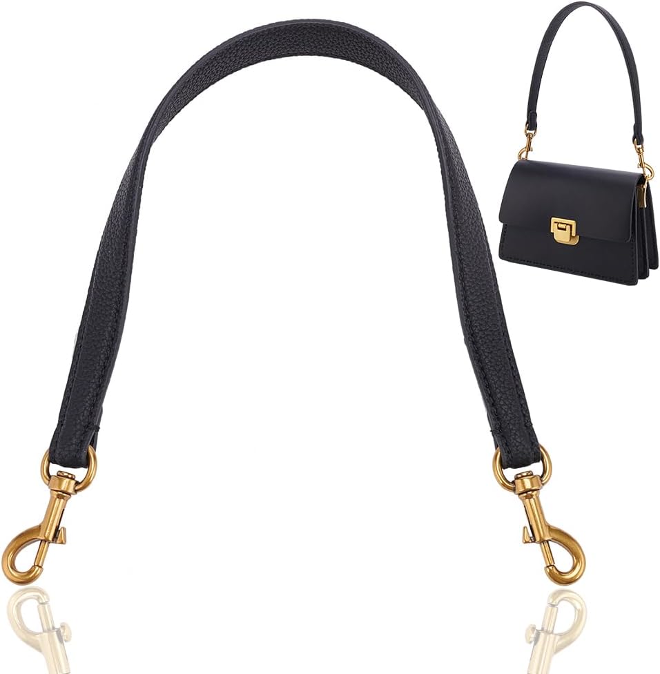 WADORN Genuine Leather Purse Handle, 20.4 Inch Leather Handbag Handle Replacement Short Shoulder Strap with Retro Gold Buckles Women Bag Making Accessory for Coach Shoulder Bag 26, Black