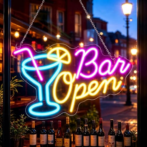 Image of Bar Open Neon Light Sign,Bar Neon Sign,Cocktail Neon Light Sign for Wall Decor, USB Powered LED Dimmable, Aesthetic Decoration for Home Bar, Bistro, Party, Club,Man Cave,Pub,Gift for Men Women