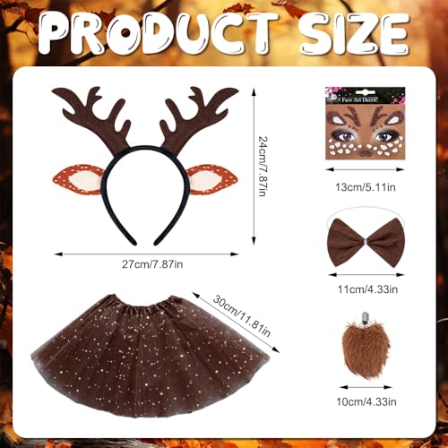 Afenau Costume de renne 5 en 1 pour enfant fille avec jupe en tulle marron - Costume de cerf pour fille - Costume de cerf - Costume de faon - Pour carnaval, cosplay, fête à thème (9-12 ans) – vue 2