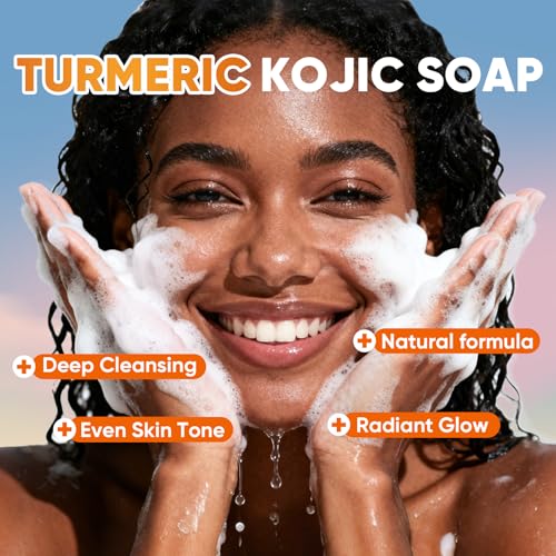 Image of 3P Turmeric Kojic Acid Soap Bars with African Exfoliating Net Sponge, Infused with Retinol, Vitamin E & Shea Butter - For Face & Body, SLS Free, Suitable for Oily & Dry Skin