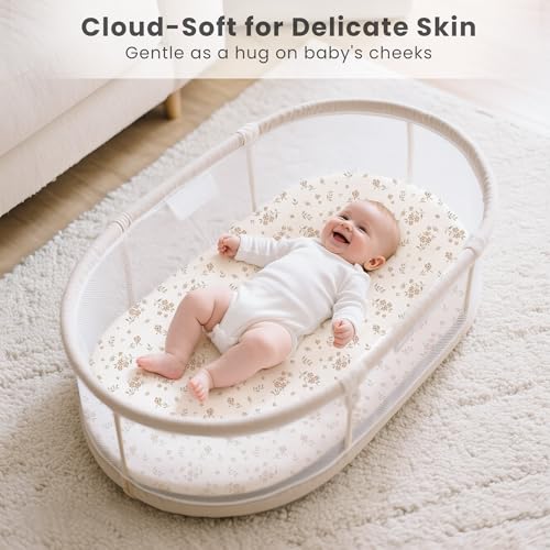 Image of Konssy 3 Pack Stretchy Bassinet Sheets for Baby Girl Boy, Soft Breathable Baby Bassinet Mattress Sheets Fit for Hourglass Oval Cradle, Moses Basket Rectangle Mattress (Blossom)