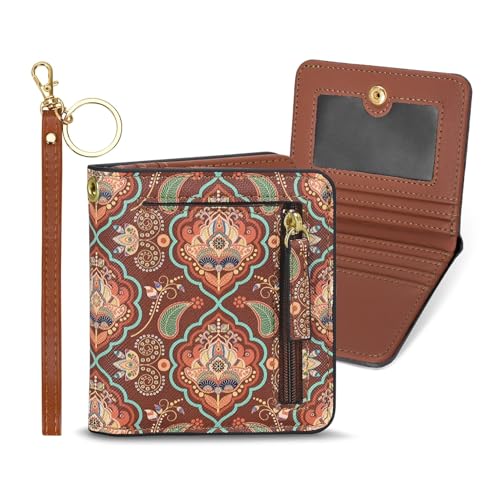 COSHAYSOO Personalized RFID Slim Bifold Wallet for Women with Wristlet Keychain, Brown Small Wallets Woman Cute Easter Basket Stuffers Birthday Travel Gifts for Coworker Female Boho Bohemian