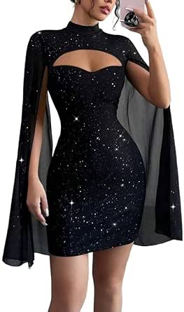 BJhaz Women's Sequin Mini Dress with Mock Neck and Cloak Sleeves