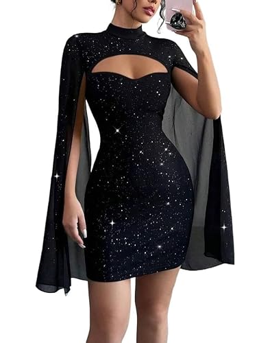 BJhaz Womens Sequin Cloak Sleeve Mini Dress Formal Mock Neck Dress Long Sleeves Cocktail Club Night Going Out Prom Party Dresses (Sparkle Black, Medium)