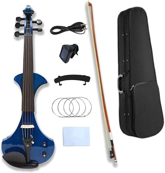 Blue Electric Violin full size 5 String Solid wood violin 4/4 size with Ebony fittings Big jack Cable with violin bow and caseBlue-5 String