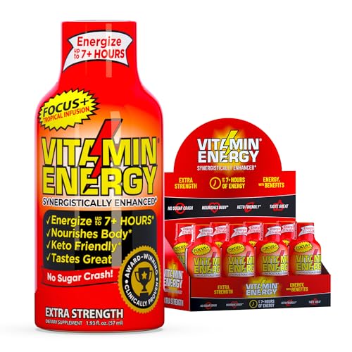 Vitamin Energy Focus+ Extra Strength Daily Energy Shot – Tropical Infusion – 260mg Natural Caffeine, 100% DV B-Vitamins – Focus & Productivity Support – Zero Sugar, Vegan, Kosher – 1.93 fl oz, 8-Pack
