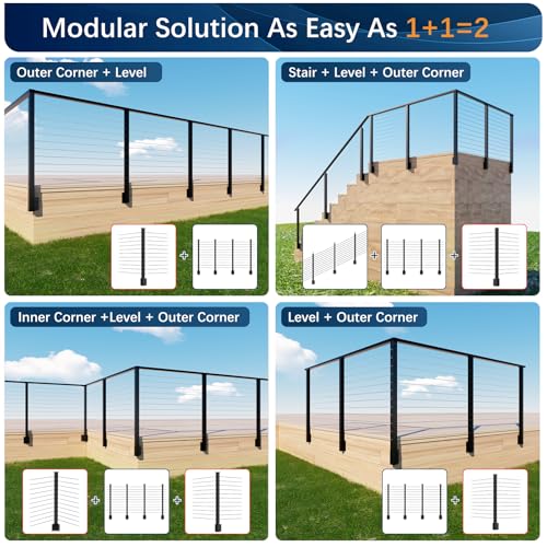 Image of Side Mount Outer Corner Post 36 inch (Post Body 44 inch), Fixed Top Three Side Drilled Corner Post Cable Railing, Black Stainless Steel T304 Fascia Mount Metal Post with Inner Terminal & Cable Grommet
