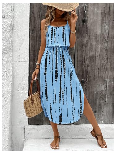 Image of RoseSeek Women's Spaghetti Strap Tie Dye Cami Sun Dress Beach Midi Summer Dresses Resort Wear Vacation Outfits